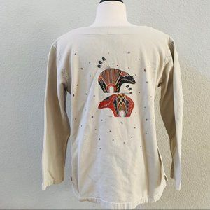 WEK vintage 90s boho tan aztec bear cotton long sleeve top womens S